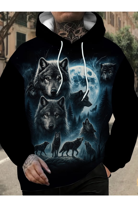 Trendy Men's Hooded Sweatshirt 3D Wolf Totem Print Moonlit Forest Animal Pattern Loose Casual Sports Jacket Autumn New Fashion Versatile Top Sports Sweatshirt
