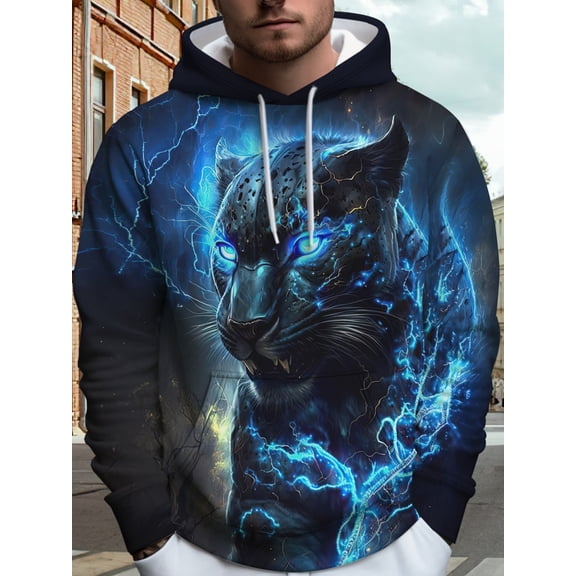 Trendy Men's Hooded Sweatshirt Spring and Autumn Loose Casual Sports Top Personality 3D Lightning Black Panther Print Long Sleeve Pullover Hoodie Youth Fashion Versatile Jacket Long Sleeve Sweatshirt