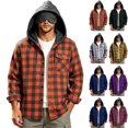 thumbnail image 1 of Trendy Men's Plaid shacket,Button Down Hooded Long Sleeve Open Front Jacket Coats, with Drawstring and Check Pocket,Casual Outfits, 1 of 6