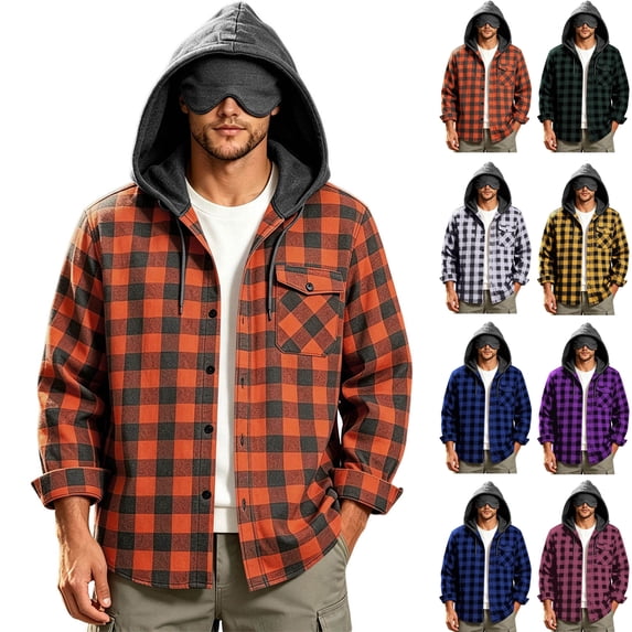 Trendy Men's Plaid shacket,Button Down Hooded Long Sleeve Open Front Jacket Coats, with Drawstring and Check Pocket,Casual Outfits