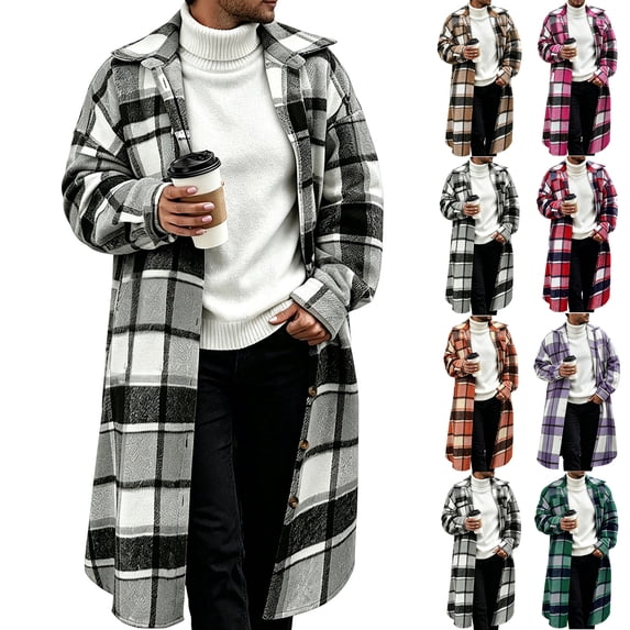 Trendy Men's Plaid shacket,Button Down Long Sleeve Long Jackets,Casual Open Front Coat for Weekend Outing