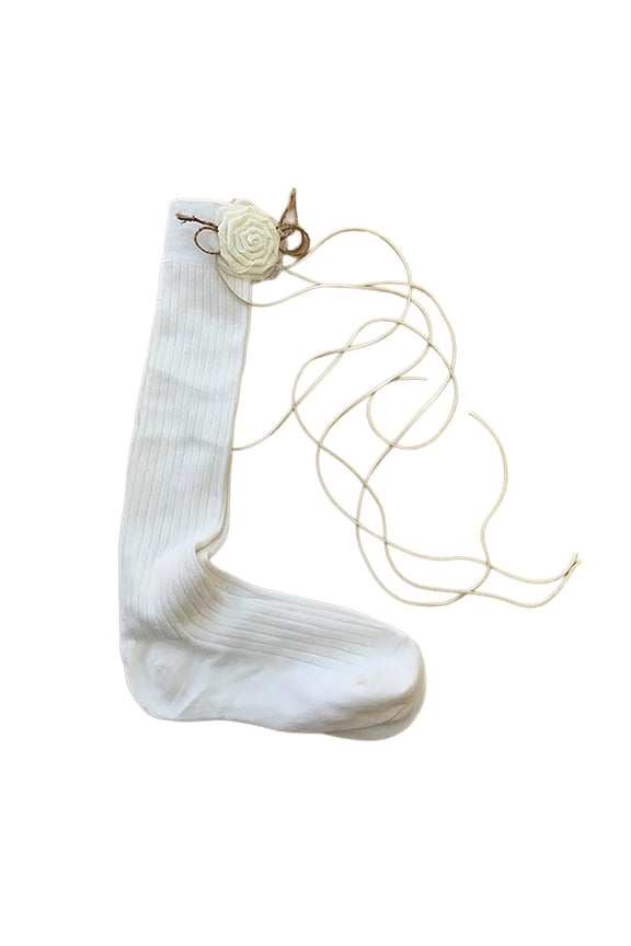 Trendy Middle Calf Socks with Rose Flower Accent Aesthetic Faux Leather Tie Detailing Soft Cotton Stockings for Women