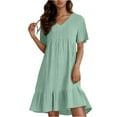 thumbnail image 1 of Trendy Midi Dresses for Women Pleated Ruffle Tiered Layered Cotton Linen Knee Length Elegant Shirt Dresses Short Sleeve V Neck Western Midi Dresses Mint Green XXL, 1 of 5