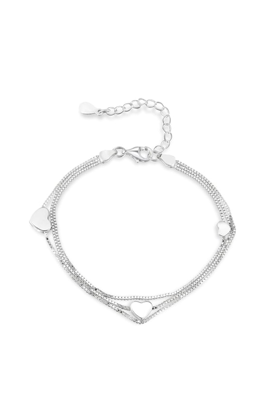 Trendy Mini Love Heart Sterling Silver Charm Layered Box Chain Bracelet
