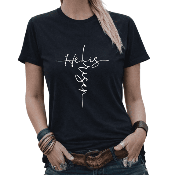 Trendy Minimal He Is Risen Handwritten Cross Graphic Tees Womans T-shirt White/Black S-5XL Tops