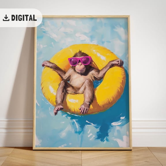 Trendy Monkey Poster Summer Pool Party Decoration Positive Vibe Art Beach Funky Animal Coastal Decor Poster Monkey Wall Art, Unframed Poster Size 8x12