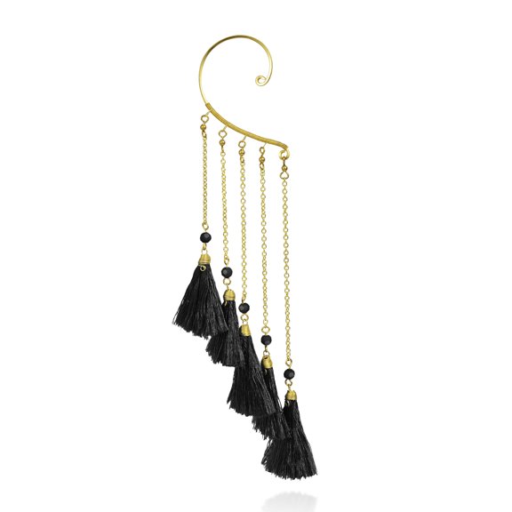 Trendy Multi Black Tassel Brass Chain Statement Ear Cuff Earrings
