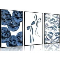 Trendy Navy Blue Wall Art Disco Ball Bow Kiss Lips Posters Prints Preppy Coquette Pictures Aesthetic Room Decor for Girly Dorm Bedroom Apartment Decoration（Only canvas）