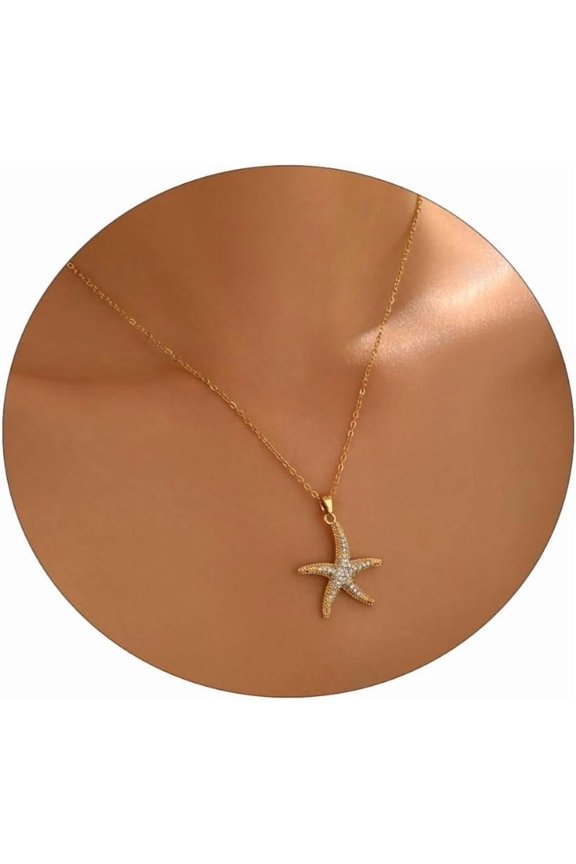 Trendy Necklaces for Women 18K Gold Plated Dainty CZ Pendant Necklace Starfish Star Moon Element Necklace Jewelry