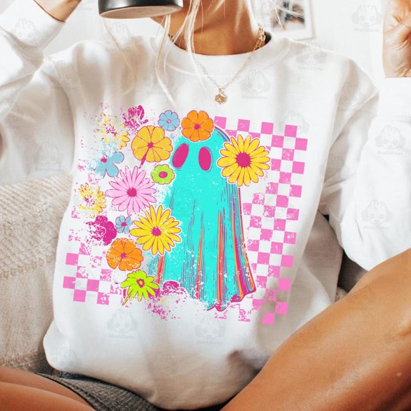 Trendy Neon Floral Ghost Halloween Sweatshirt, Spooky Boo Ghost Coquette Sweatshirt, Preppy Halloween Sweatshirt, Halloween Checkered Ghost Sweatshirt, Spooky Vibes Sweatshirt