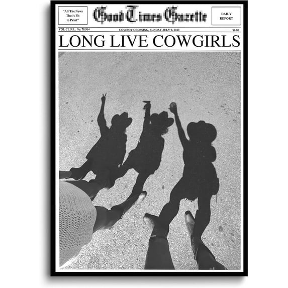 Trendy NewsPaper Poster Wall Art Retro Cowgirl Black And White Girly Feminist Preppy Canvas Prints Magazine Pictures Bar and Party Aesthetic Decor Painting Barthroom Bedroom Dorm