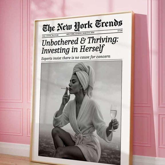 Trendy Newspaper Print Feminist Poster Investing In Herself Print Womens Times Retro Wall Art Girl Dorm Room Decor Poster , Poster Print Only