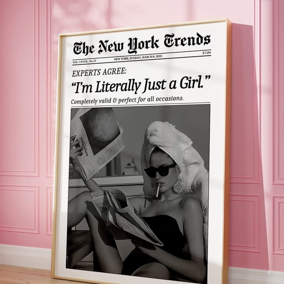 Trendy Newspaper Print Wall Art I Am Just A Girl Retro Women Magazine Poster Bathroom Decor Vintage Girl Dorm Room Decor