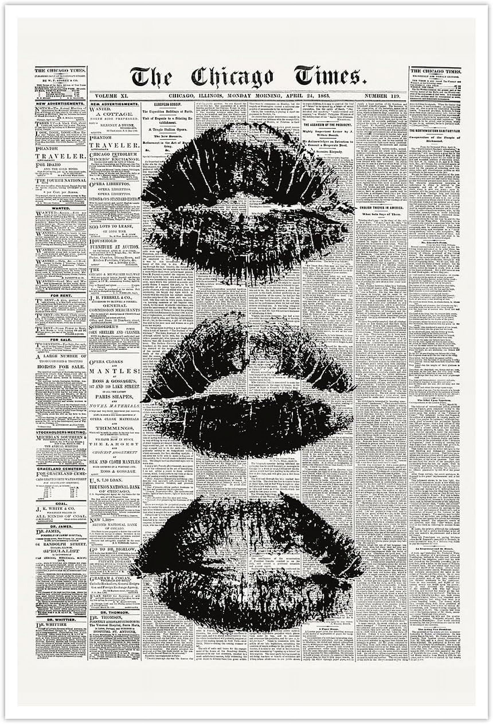 Trendy Newspaper Wall Art Vintage Black And White Kiss Lips