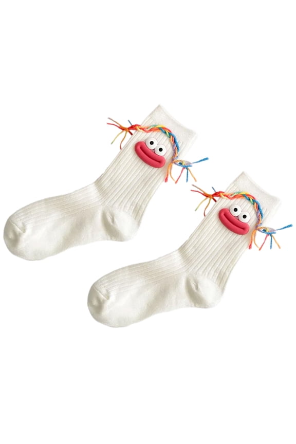 Trendy Novelty Middle Tube Socks with Funny Cartoon Colorful Braids Ugly Dolls Designs Calf Socks for Women and Teen