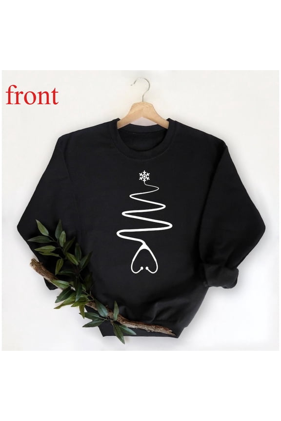 Trendy Nurse Christmas Stethoscope Tree Sweatshirt Tops Medical Holiday Design Round-neck long-sleeved Black S-3XL