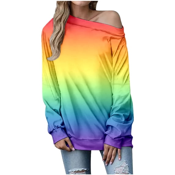 Trendy Off Shoulder Sweatshirt for Womens Gradient Ombre Slouchy Sexy Long Sleeve Shirts Baggy Blouses Pullover Tops