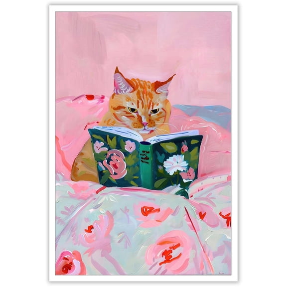 Trendy Orange Cat Posters Cute Minimalist Pink Flowers Pet Canvas Wall Art Funky Funny Animal Cat Is Reading Aesthetic Prints Painting For Bedroom Dorm Wall Decor Perfect holiday gift