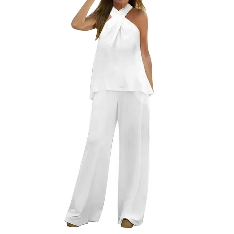 Trendy Outfits Women 2 Piece Dressy Casual Cross Neck Bowknot Back  Sleeveless Flowy Top Wide Leg Dress Pant Sets (Large, White)