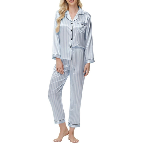 Trendy Outfits for Women 2024 Classic Satin Pajamas Set for Women Long Sleeve Button Shirts Sleepwear Soft Loungewear Pajamas Set Cute 2 Piece Outfits S-161 Light Blue S