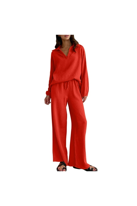 Trendy Outfits for Women Casual Loose Long Sleeve V Neck Plus Size Trun Down Collar 2 Piece Shirt and High Waist Drawstring Long Pants Set,Orange,3XL
