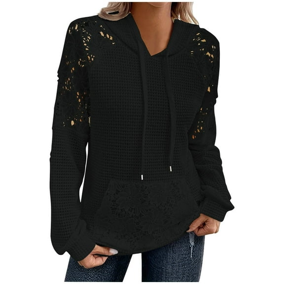 Trendy Outfits for Women Fall Winter Trendy Hoodies Waffle Knit Lace Long Sleeve Plain Pullover Sweater Sweatshirt (L, Black)