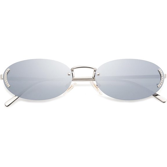 Trendy Oval Rimless Sunglasses for Women Retro Y2k Sunnies with Rhinestones SJ1227