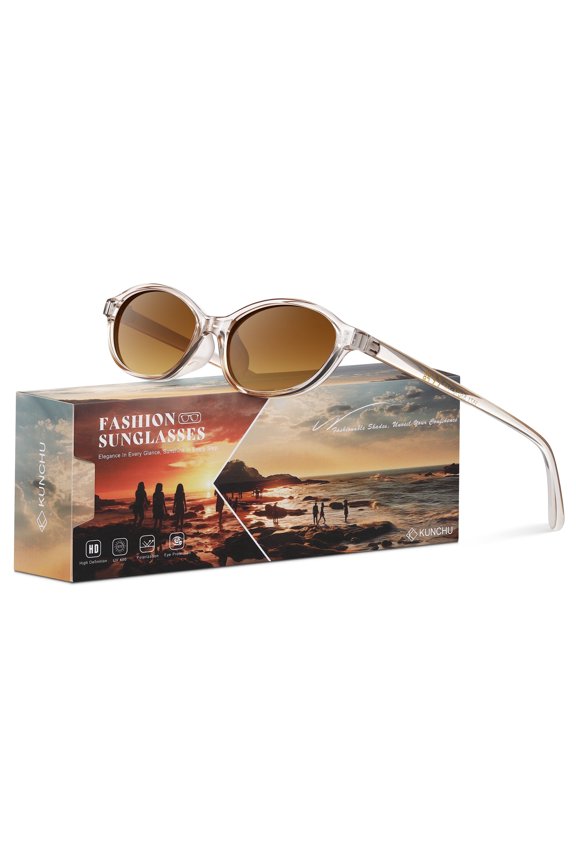 Trendy Oval Sunglasses for Women Men Retro 90s Cat Eye Frame Sun Glasses With UV400 Protection Narrow Shades for Driving Shopping（Transparent Tea/Tea）