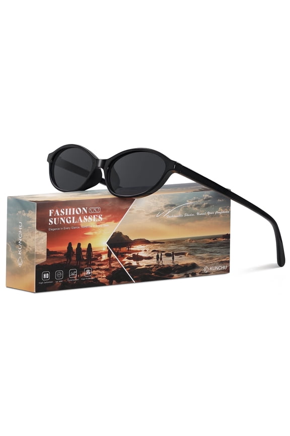 Trendy Oval Sunglasses for Women Men Retro 90s Cat Eye Frame Sun Glasses With UV400 Protection Narrow Shades for Driving Shopping(Black/Gray)