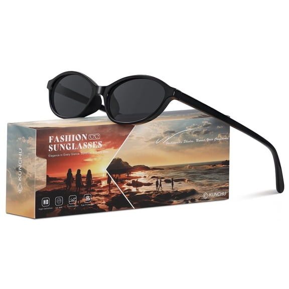 Trendy Oval Sunglasses for Women Men Retro 90s Cat Eye Frame Sun Glasses With UV400 Protection Narrow Shades for Driving Shopping(Black/Gray)