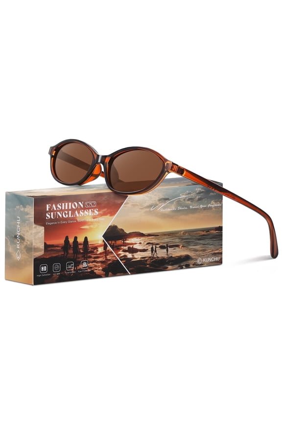 Trendy Oval Sunglasses for Women Men Retro 90s Cat Eye Frame Sun Glasses With UV400 Protection Narrow Shades for Driving Shopping（Brown/Coffee）