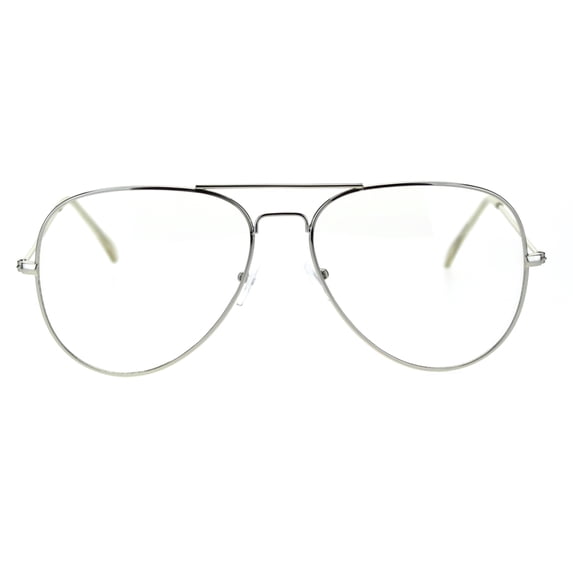 Trendy Oversized Officer Style Tear Drop Shape Metal Clear Lens Eyeglasses Shiny Silver