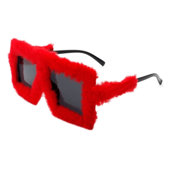 Trendy Oversized Square Sunglasses with Red Fuzzy Frame, Retro Fashion Style Eyewear for Men & Women