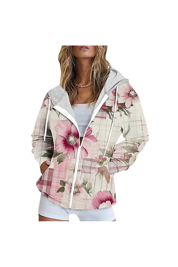 Trendy Oversized Sweatshirts for Women Full Zip Up Hoodie Jackets with Pockets Graphic Printed Casual Sport Coat (M, Pink A)