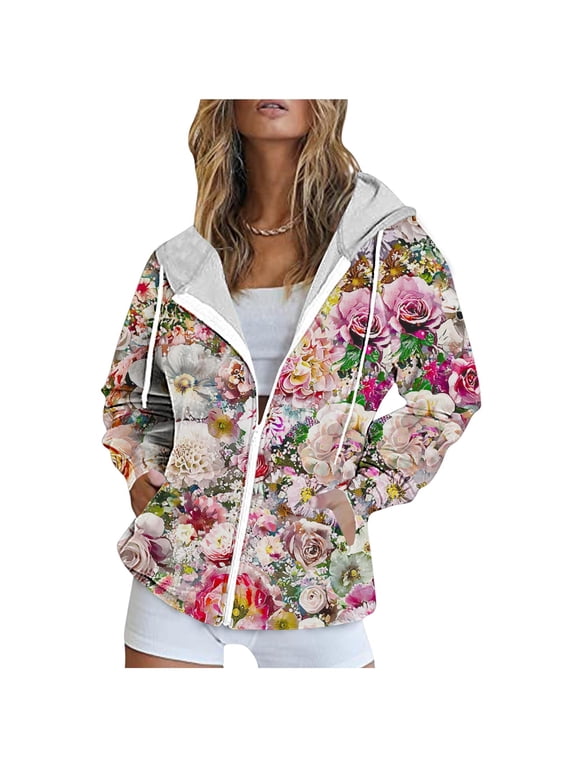 Trendy Oversized Sweatshirts for Women Full Zip Up Hoodie Jackets with Pockets Graphic Printed Casual Sport Coat (XL, Pink B)
