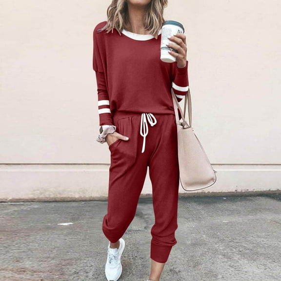 Trendy Pant Suits for Women, Women's Fashionable Loose Printed Long Sleeved Round Neck Drawstring Casual Set New Loungewear Sets for Women Fall Wine XL