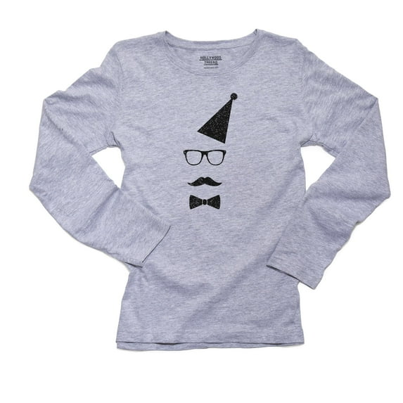 Trendy Party Hat Glasses Bow Tie Silhouette Women's Long Sleeve Grey T-Shirt