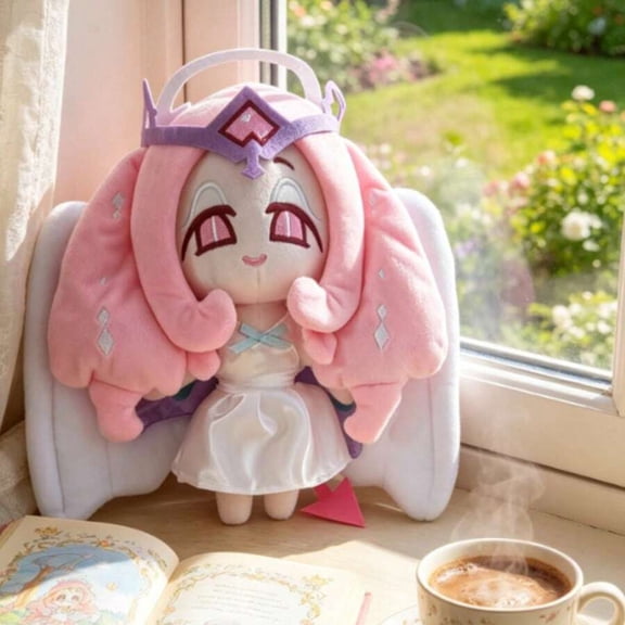 Trendy Pastel Angel Princess Plushie, Pink Hair Winged Anime Girl Stuffed Toy, Aesthetic Collectible Gift & Room Desk Decor for Girls & Teens