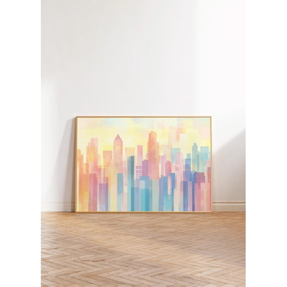 Trendy Pastel City Print Abstract Wall Art Modern Houses Decor Cityscape Illustration Colorful Urban Skyscrapers, Unframed Paper Poster 8x10in