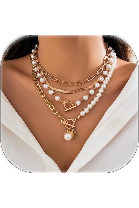 Trendy Pearl Necklaces for Women Pearls Statement Necklace Chunky Necklaces Layered Paperclip Necklace Adjustable Long Necklace