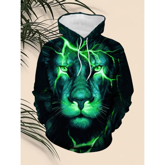 Trendy Personality 3D Lion Head Digital Print Men's Hooded Sweatshirt Fashion Street Style Loose Casual Pullover Versatile Long Sleeve Top, Sweatshirt, Casual Sports Sweatshirt