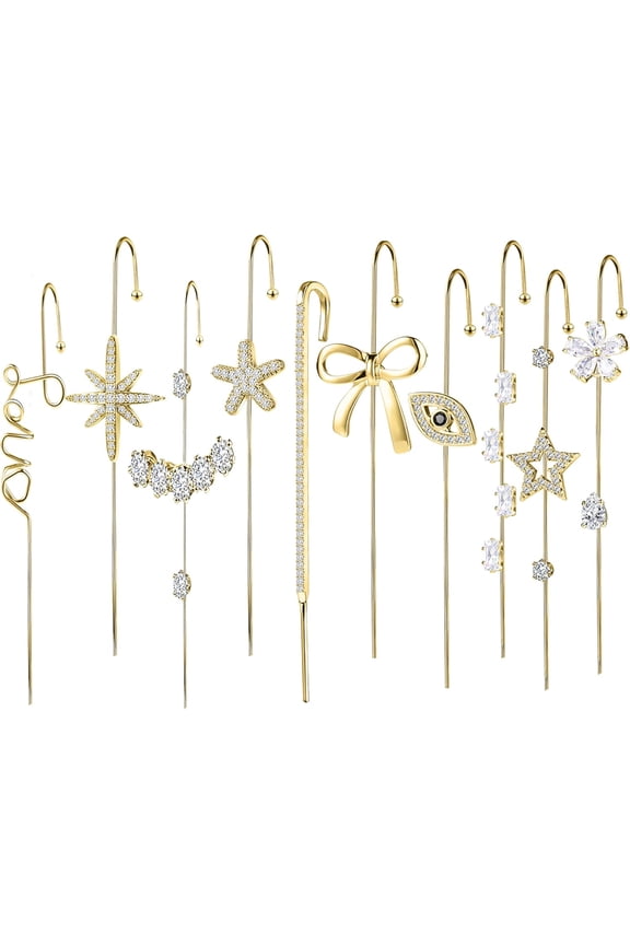 Trendy Pierced Ear Crawler Earrings for Women Gold & Silver Snowflake Rhinestone Helix Hook Set Fashionista Jewelry containing Secure Ear Plug Fixer for Daily & Evening Outfits 10Pcs[v953]