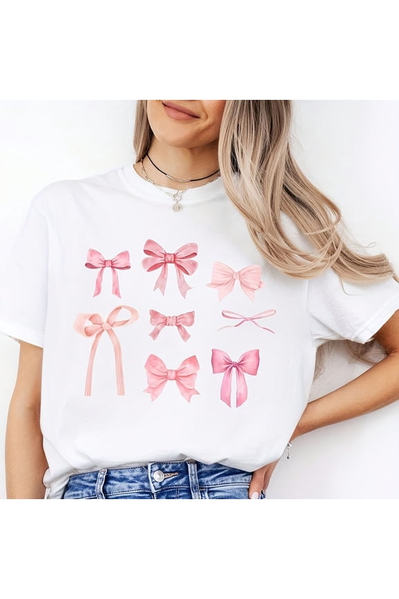 Trendy Pink Bow Coquette Aesthetic Graphic T-Shirt - Watercolor Ribbons Soft Girl Style White Cotton Tee - Feminine Cute Summer Casual Fashion Top