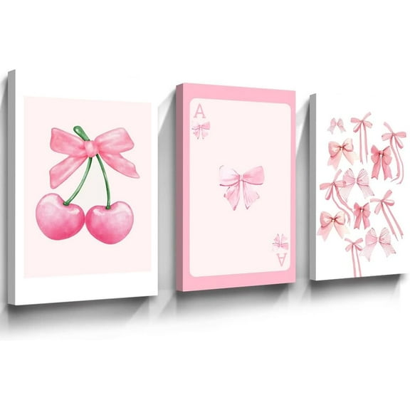 Trendy Pink Bows Canvas Wall Art Set Of 3 Pink Cherry Bow Canvas Print For Girly Wall Decor Preppy Watercolor Bows Wall Decor For Aesthetic Posters Prints For College Apartment Bedroom Decor Und