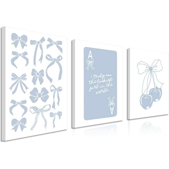 Trendy Pink Bows Posters Wall Art Set of 3, Vintage Preppy Cherry Picture Prints, Pink Girly Room Aesthetic Canvas Wall Decor Painting for College Apartment Living Room Bedroom 12x16 In Und