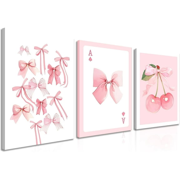 Trendy Pink Bows Posters Wall Art Set of 3, Vintage Preppy Cherry Picture Prints, Pink Girly Room Aesthetic Canvas Wall Decor Painting for College Apartment Living Room Bedroom 12x16 In Und