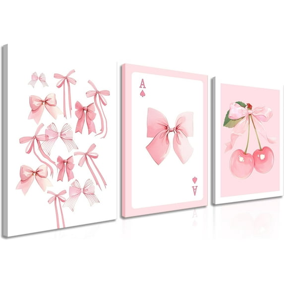 Trendy Pink Bows Posters Wall Art Set of 3, Vintage Preppy Cherry Picture Prints, Pink Girly Room Aesthetic Canvas Wall Decor Painting for College Apartment Living Room Bedroom 12x16 In Und