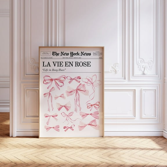 Trendy Pink Bows Wall Art, Newspaper Print, La Vie En Rose, Girly Nursery Wall Decor, Coquette Decor, Preppy Wall Art Wall Art, Modern Wall Decor, 8x12 UNFRAMED