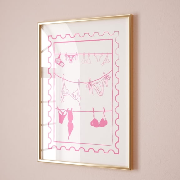 Trendy Pink Hanging Bikini Clothesline Wall Art Poster: Coastal Cowgirl Girly Summer Beachy Decor, Unframed Canvas Size 8x12