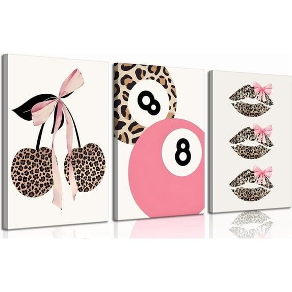 Trendy Pink Leopard Bow Wall Art Set of 3 Funky Cherry Lucky 8 Ball Posters Prints Cute Coquette Preppy Room Aesthetic Wall Decor Pictures for Girls Bedroom Apartment Dorm Und 16x24in